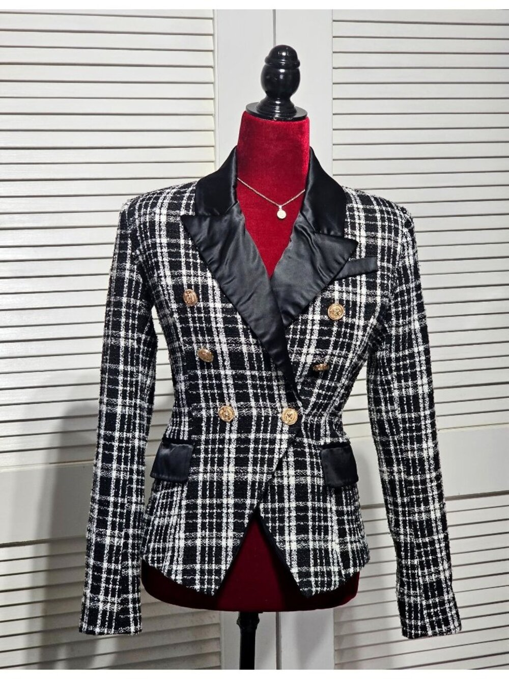 Rachel Parcell Women's Plaid Tweed Double Breasted Satin Lapel Blazer Sz 4 3151 - Picture 1 of 16